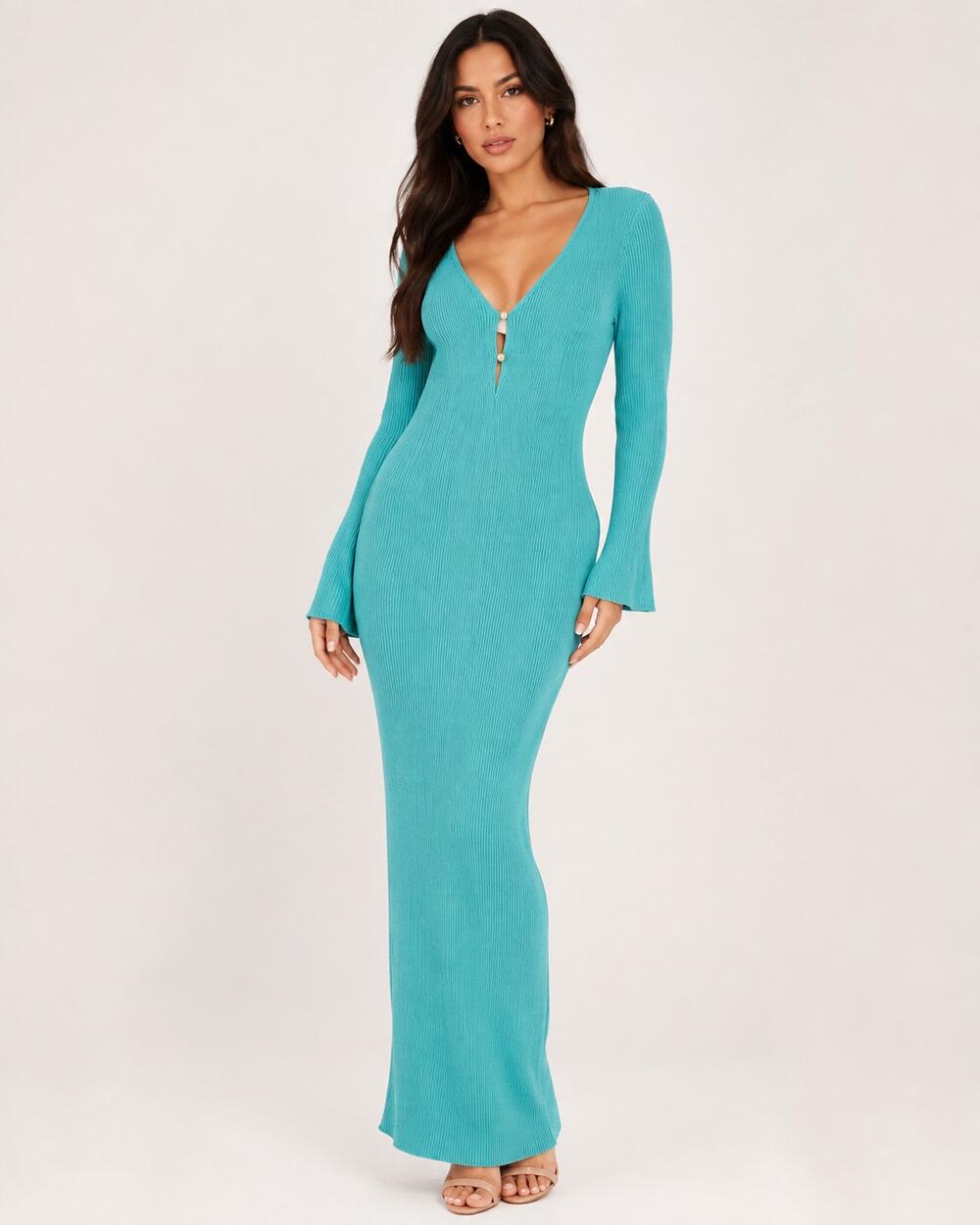 NWT KAIIA x ASOS Exclusive Plunge V-Neck Flared Sleeve Maxi Dress Cyan S